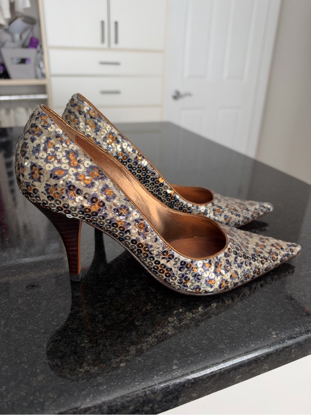 Floral Pointed-Toe Heels Brown & Tan US 7 EU 36